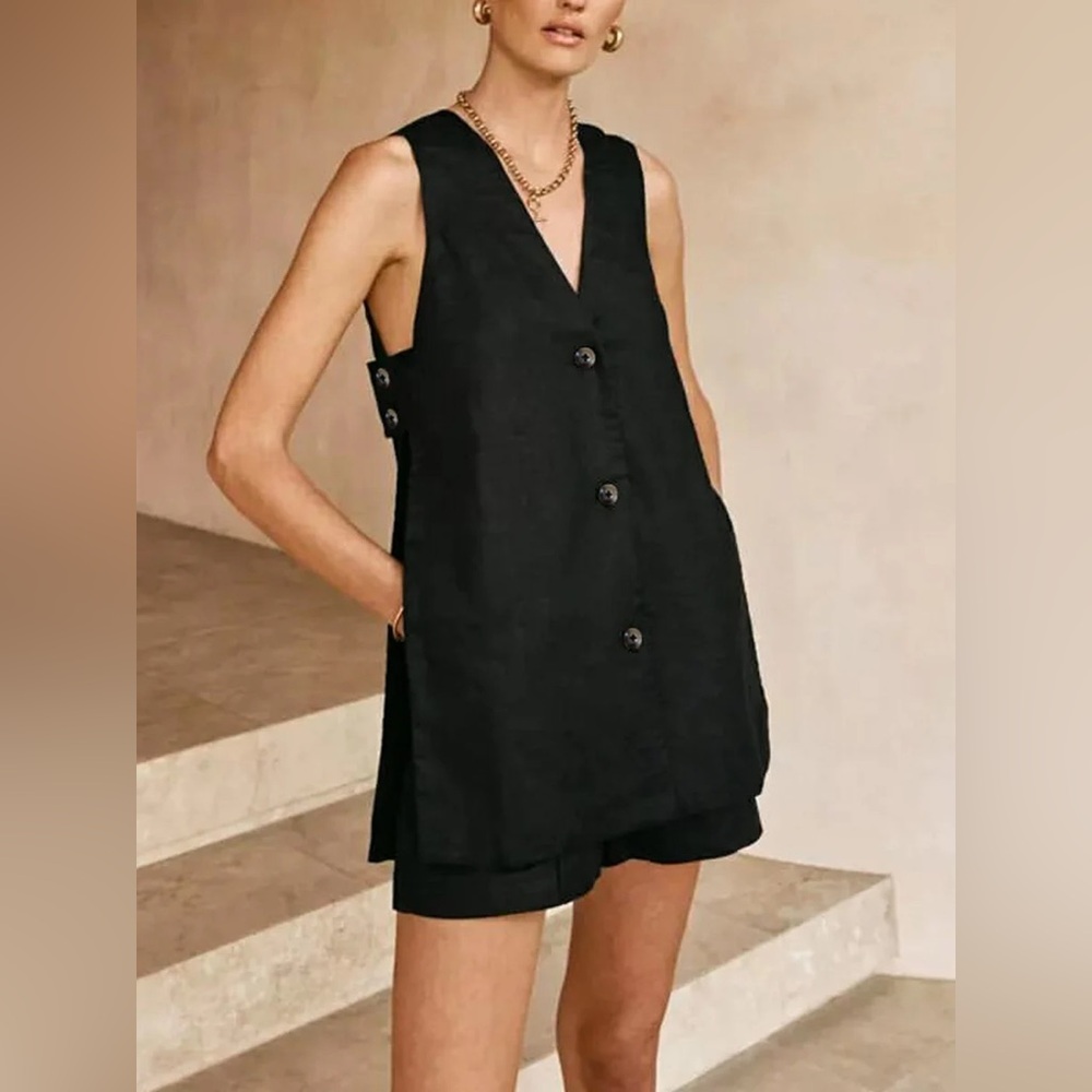 Commense Black Sleeveless Button-Down Dress